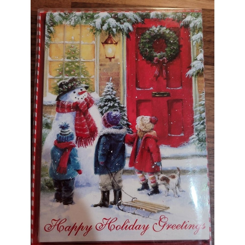 14 Greeting Cards and 14 Envelopes 'Happy Holiday Greetings Snowman and Kids
